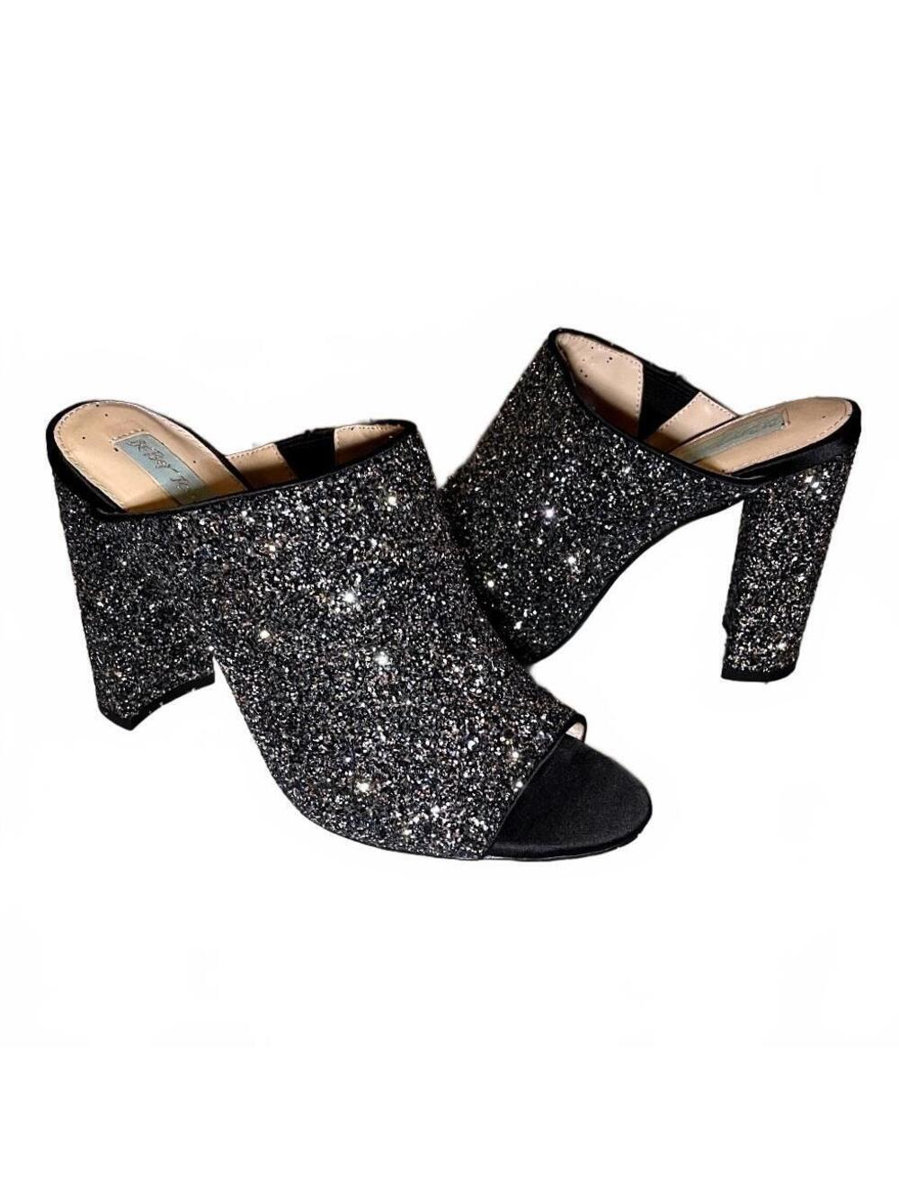 Blu by Betsey Johnson Astor Black Silver Glitter Open Toe Mules 8.5